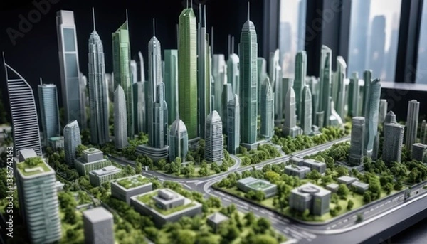 Obraz Architectural model of modern city skyline featuring skyscrapers and greenery