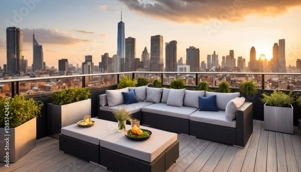 Obraz Rooftop serenity urban oasis with modern outdoor furniture and city views
