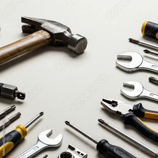 Obraz Labor Day tools flatlay neutral background copy space