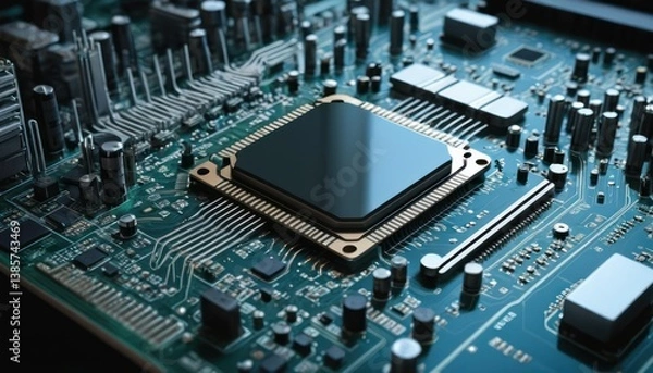 Obraz Intricate circuit board with a prominent central processor unit close up