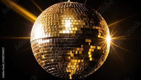 Obraz Golden disco ball with light reflections and a dark background atmosphere