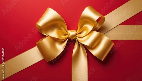 Obraz Elegant golden ribbon and bow against a rich crimson background, gift concept