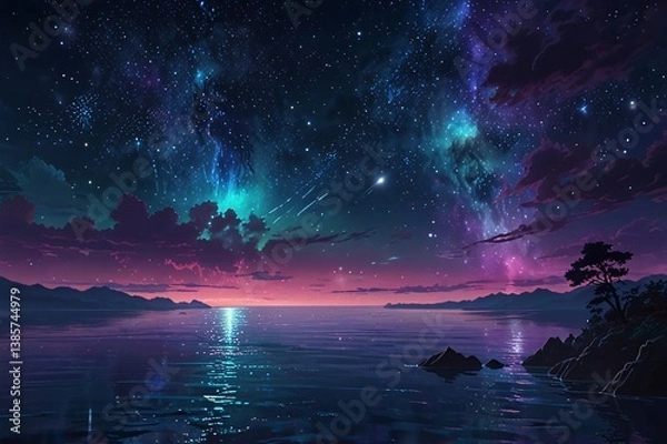 Fototapeta Surreal Anime Night Sky with Cosmic Nebula and Floating Islands V5
