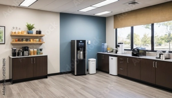 Obraz Serene Modern Office Break Room with Natural Light and Refreshment Amenities