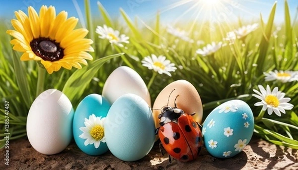 Obraz Pastel tinted easter eggs and ladybug in sunny spring flower meadow scene