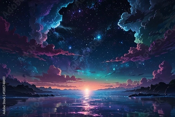 Fototapeta Surreal Anime Night Sky with Cosmic Nebula and Floating Islands V7