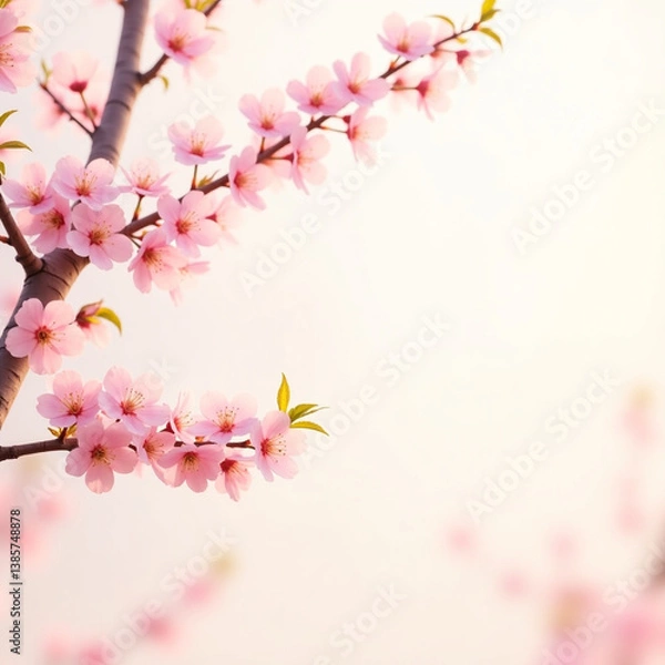 Fototapeta  Pink cherry blossom branches with delicate blooming flowers forming a natural frame on soft background