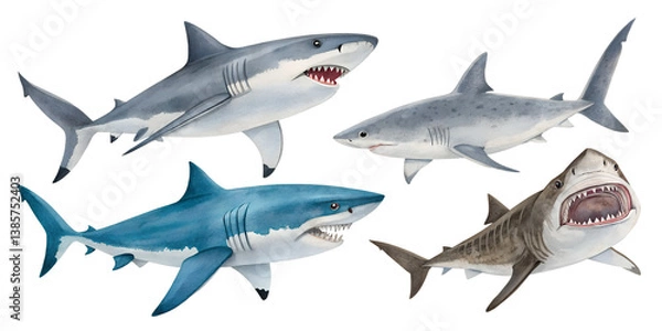 Fototapeta Various sharks isolated on transparent background