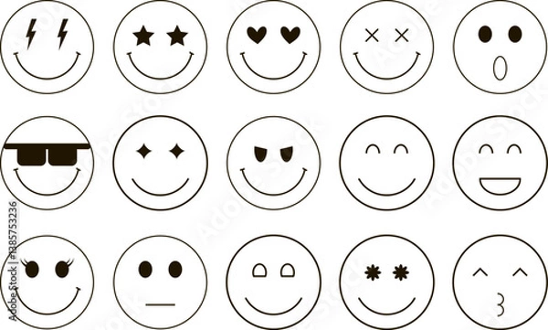 Fototapeta Flat outline y2k groovy line trendy smiley faces with stars, hearts, lightning	
