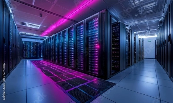 Obraz Inside a state-of-the-art data center, rows of servers are illuminated by vibrant neon lights, creating a high-tech ambiance.