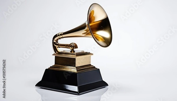 Obraz Golden Gramophone Statue on White Background Symbolizing Musical Excellence