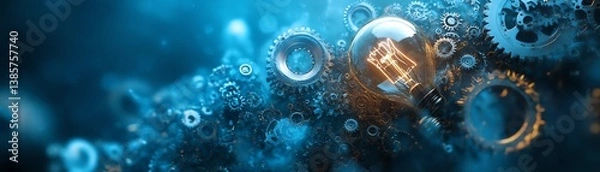 Fototapeta Lightbulb formed by gears and digital icons representing business solutions and creative thinking, mechanical design, blue color tones, dynamic composition, highquality render