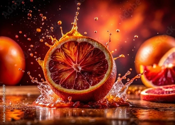 Fototapeta Macro Blood Orange Juice Splash, Vibrant Citrus Burst