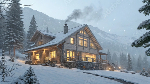 Fototapeta Cozy Mountain Chalet in Blizzard with Snow-Covered Pines and Warm Lights in High Resolution