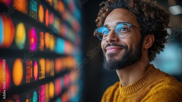 Obraz A smiling man with glasses looks towards a colorful display