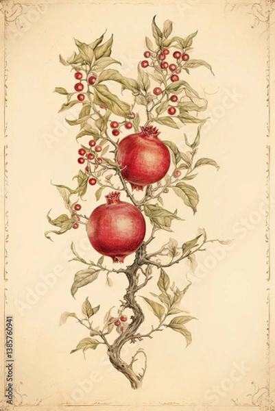 Obraz pomegranate tree medieval botanical illustration
