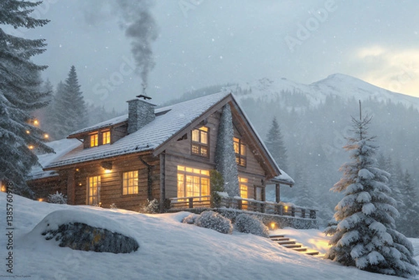 Fototapeta Photorealistic Cozy Mountain Chalet with Steaming Chimney in Snowy Blizzard in 4K