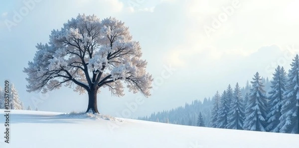 Fototapeta Solo majestic tree against pure snowy backdrop, forest, tree