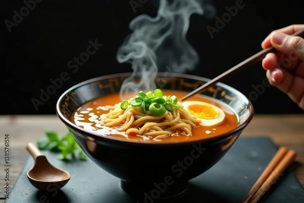 Fototapeta Steaming bowl of ramen, chopsticks, spring onions, ramen, noodle soup, soup