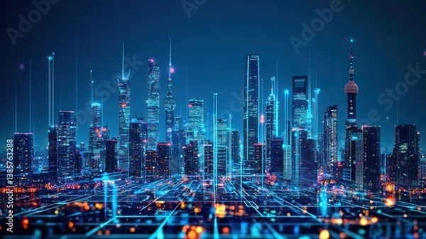 Fototapeta Futuristic Shanghai Skyline: Digital Metropolis at Night