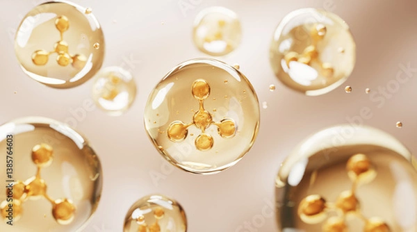Fototapeta 3D illustration of golden molecular structures inside serum bubbles, representing advanced dermocosmetic technology and deep nourishment in skincare innovation.