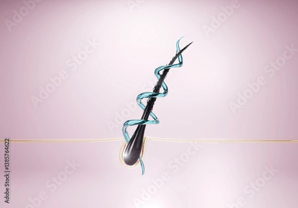 Fototapeta 3D illustration of a hair follicle treated with nourishing molecules, representing advanced dermocosmetic innovation and deep care.