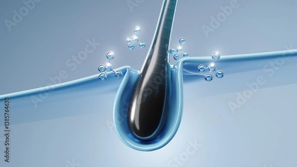 Fototapeta 3D illustration of a hair follicle treated with nourishing molecules, representing advanced dermocosmetic innovation and deep care.