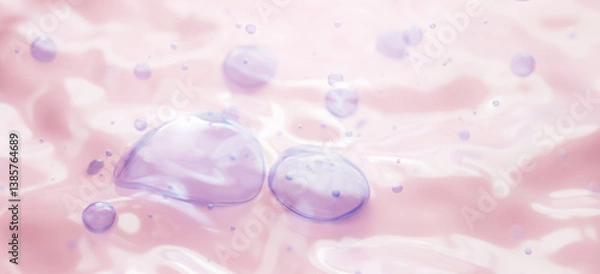 Fototapeta 3D illustration of soft purple serum droplets on a luminous pink surface, representing dermocosmetic hydration and gentle skincare technology.

