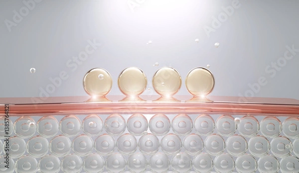 Fototapeta 3D illustration of water molecules penetrating skin layers, representing dermocosmetic hydration and deep moisture delivery through advanced beauty technology.