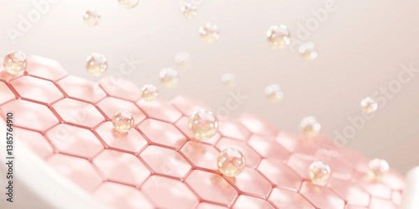Fototapeta 3D illustration of micro serum droplets penetrating structured skin surface, symbolizing advanced dermocosmetic delivery system and deep skin rejuvenation.