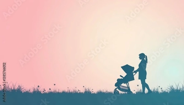 Fototapeta Subtle stroller silhouette repeat on pastel background, background, nursery