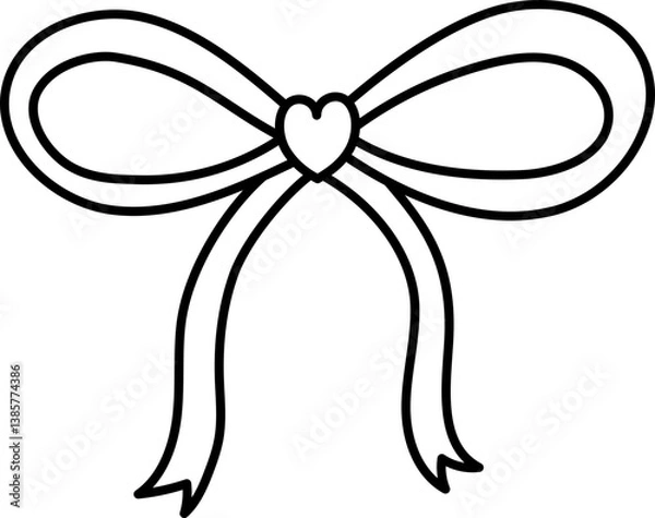 Fototapeta Bow with a heart shape in the center and flowing ribbons. in doodle line style