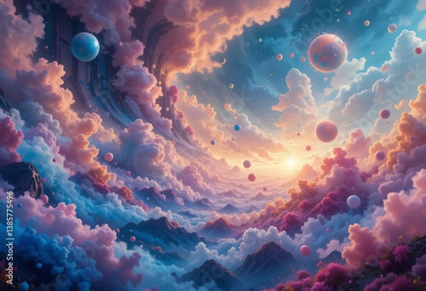 Fototapeta Abstract dreamscape background with surreal colors and floating elements