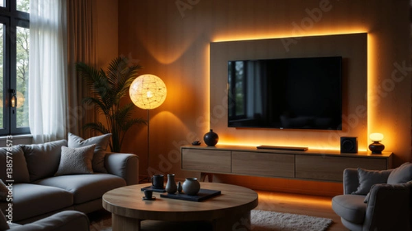 Fototapeta Cozy Living Room with Ambient Lighting