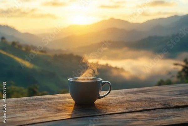 Obraz Steaming cup of coffee on a wooden table overlooking scenic misty mountains at sunrise