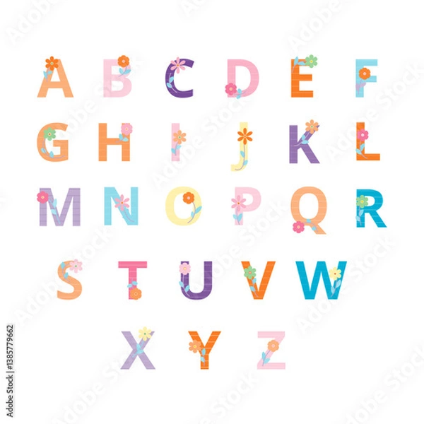 Fototapeta Alphabet with Flowers Simple flat Vector Design Set Colorful Isolated in White