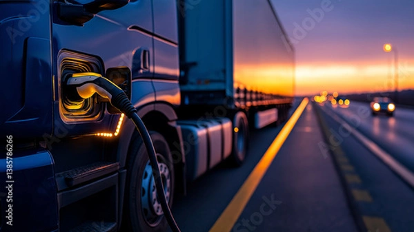 Fototapeta Close up of electric truck charging at station during sunset, showcasing transition to sustainable transport. scene captures future of logistics and eco friendly technology