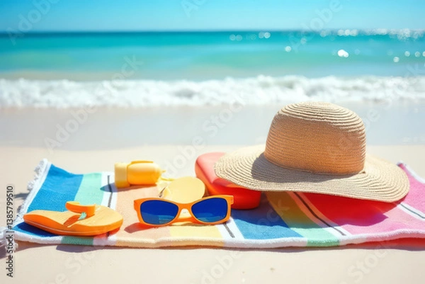 Fototapeta The image shows a beach towel with a straw hat