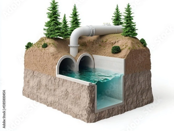 Obraz Exploded schematic of a dam s water diversion tunnel, showing intake structures and bypass channels