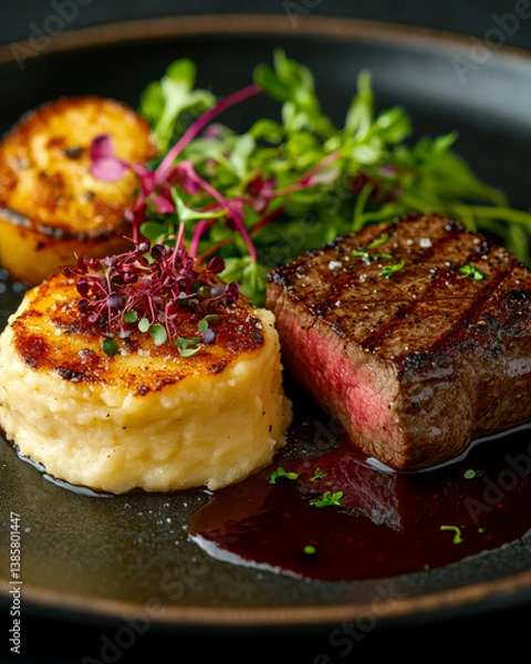Obraz Elegant Plate of Filet Mignon with Potatoes and Greens