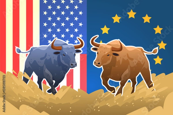 Fototapeta Trade war USA EU bulls clash concept depicting a blue bull with USA flag and a brown bull with EU flag on a contrasting background