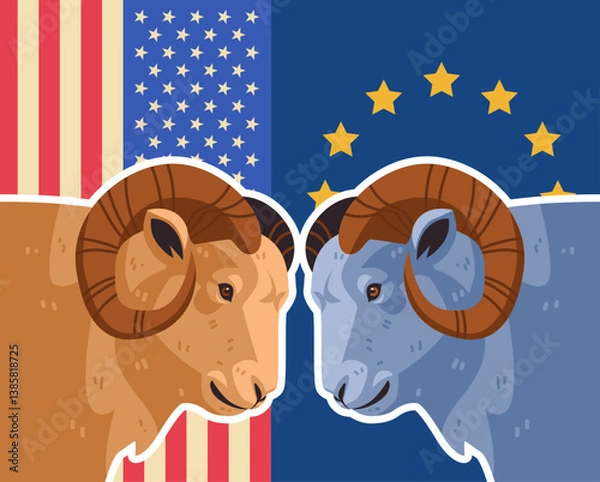 Fototapeta USA EU trade war concept depicted by two rams facing off against American and European flags vibrant colors graphic design
