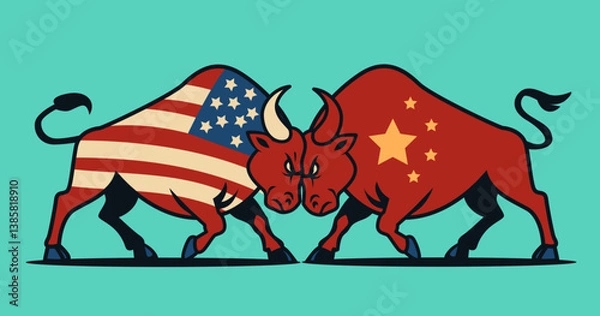 Fototapeta Bulls with USA China flags trade war concept two bulls with American and Chinese flags clashing symbolizing economic conflict colorful background