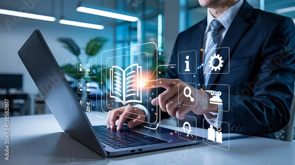 Fototapeta User manual guide,Businessman using laptop with user guide icon for business service