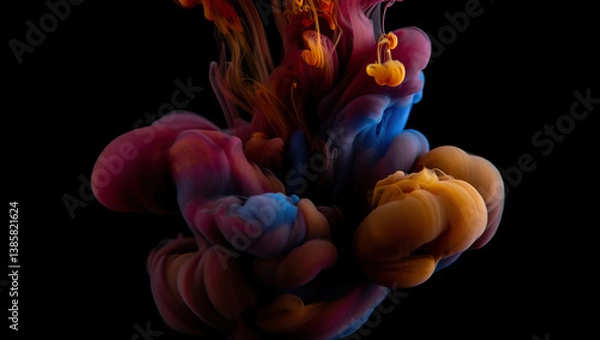Fototapeta Dramatic multicolor ink cloud swirling in darkness with soft gradients