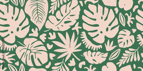 Fototapeta Hand drawn tropical background. Tropic leaves seamless pattern, foliage summer element, green style, natural print for textile, fabric, wallpaper, wall art, backdrop. Vector illustrations.