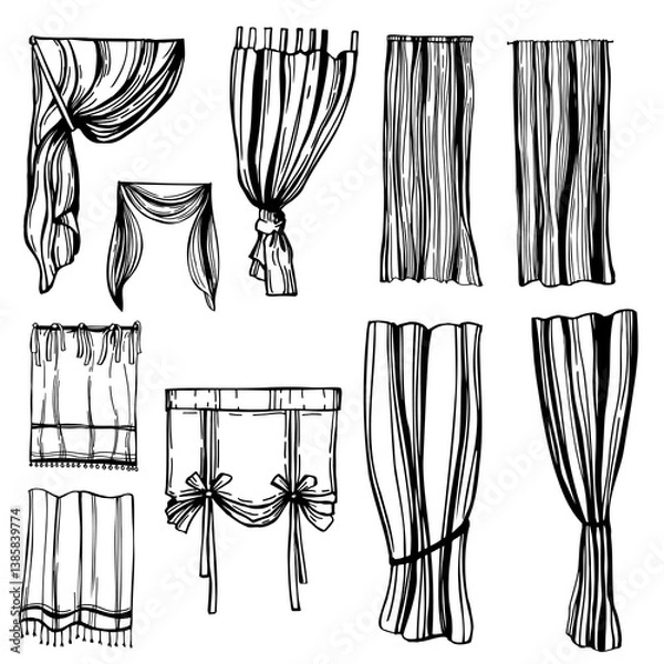 Obraz Hand-drawn curtains for windows on white background. Vector sketch illustration.