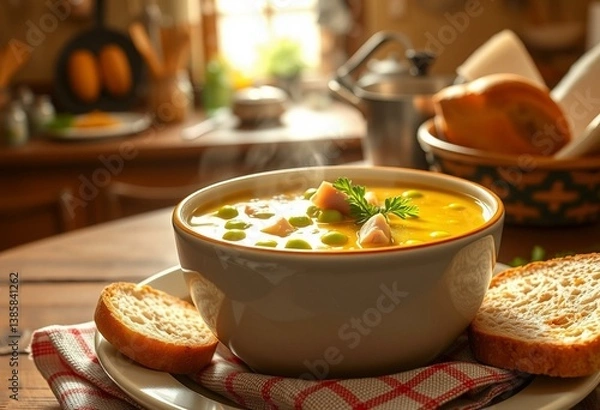 Fototapeta Steaming hot bowl of Split Pea Soup with fresh parsley and crusty bread