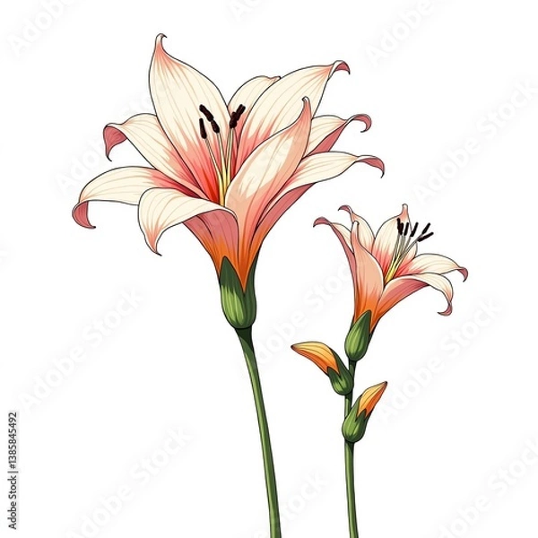 Fototapeta ベルベットのようなフリージアの花びらが、細い茎に垂れ下がり、白い背景に幻想的な花束を形成します