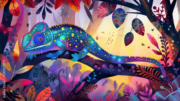 Fototapeta A chameleon with a fantastical color palette in a dreamy forest.